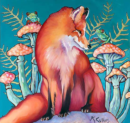 Red Fox Mushrooms And Frogs 24x24